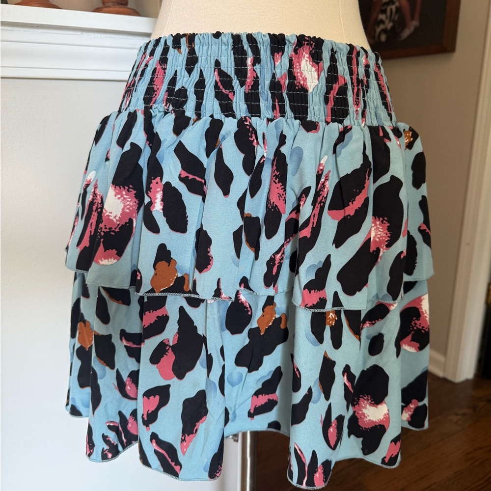 Girls blue abstract print wide waist ruffle modest skirt 11 12
